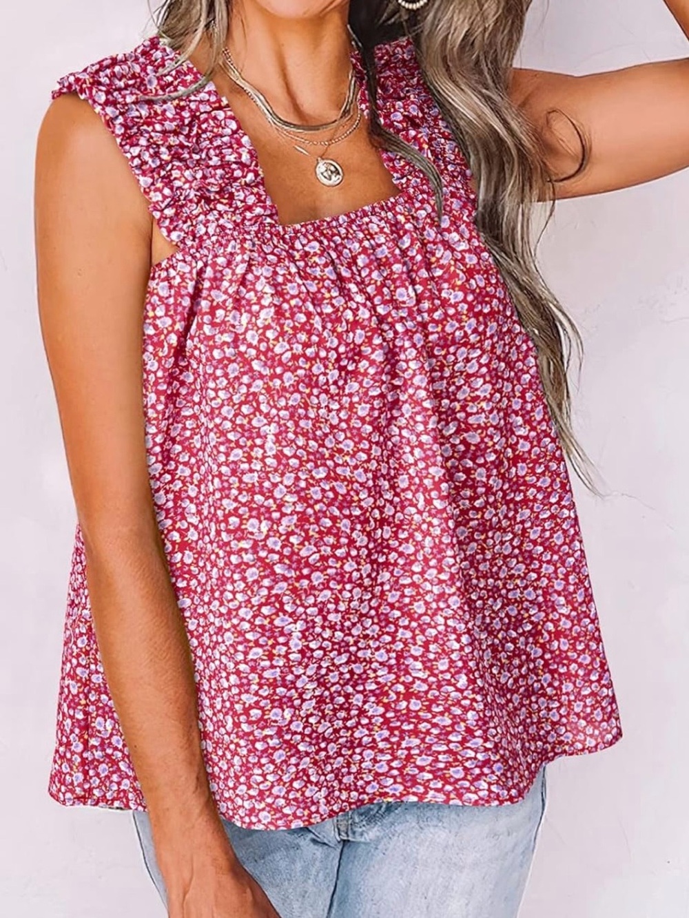 Red Floral Ruffle-Strap Women’s Tank Top